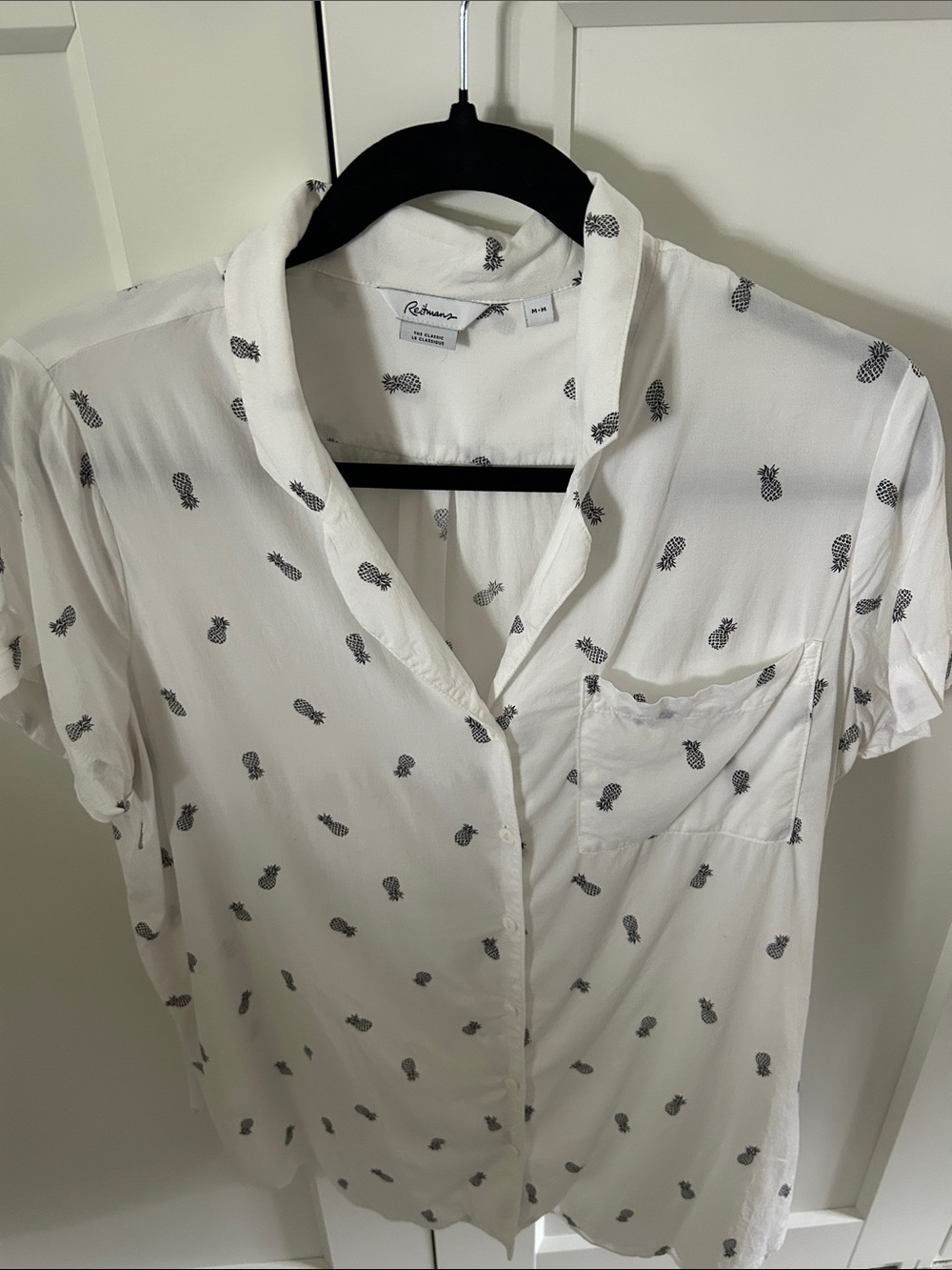 White Short-Sleeve Button-Down Shirt with Black Pineapple Print